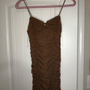 Blush Tan Ruched Mini Dress